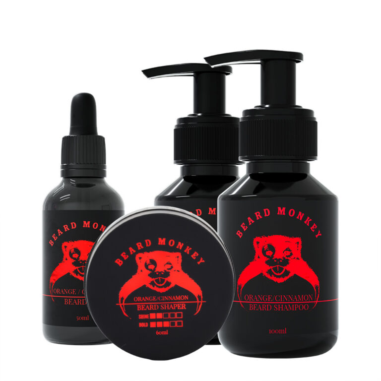 Beard Monkey Orange/Cinnamon skägg startkit med skäggolja, skäggschampo, skäggbalsam och skäggvax i svarta premiumförpackningar med glansig röd logo. Komplett set för män som vill vårda, rengöra och styla sitt skägg med doften oud och saffran. Professionella groomingprodukter som återfuktar skägg, motverkar torr hud och ger ett välformat, fräscht och glansigt resultat. Perfekt skäggvårdskit för fylliga skägg och daglig grooming.