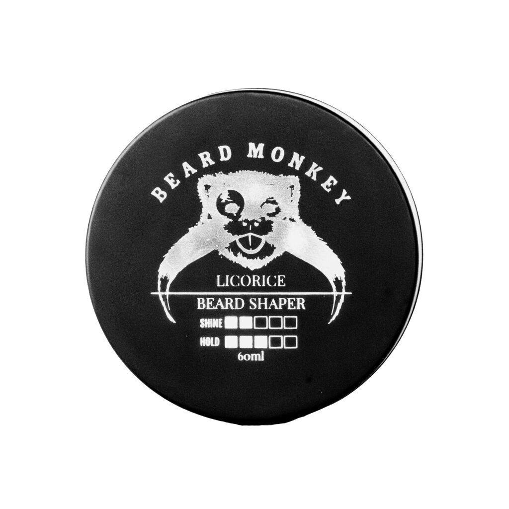 Beard Monkey skäggvax Licorice i en svart burk om 60ml med silvriga detaljer.