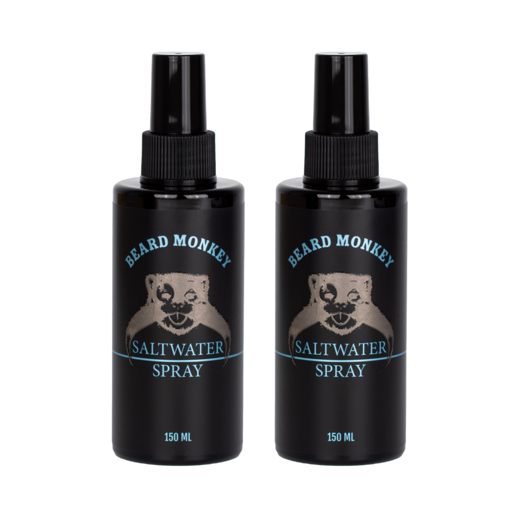 Två Beard Monkey Saltwater Spray 150 ml med svart etikett, ljusblå text och bronsfärgade detaljer