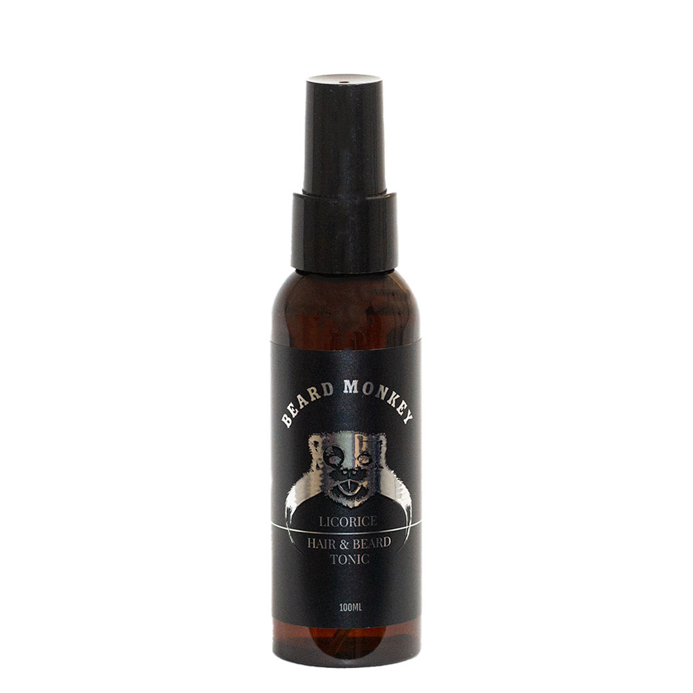 Beard Monkey Hair & Beard Tonic Licorice – svart sprayflaska med silvriga detaljer och en silvrig apa på etiketten.