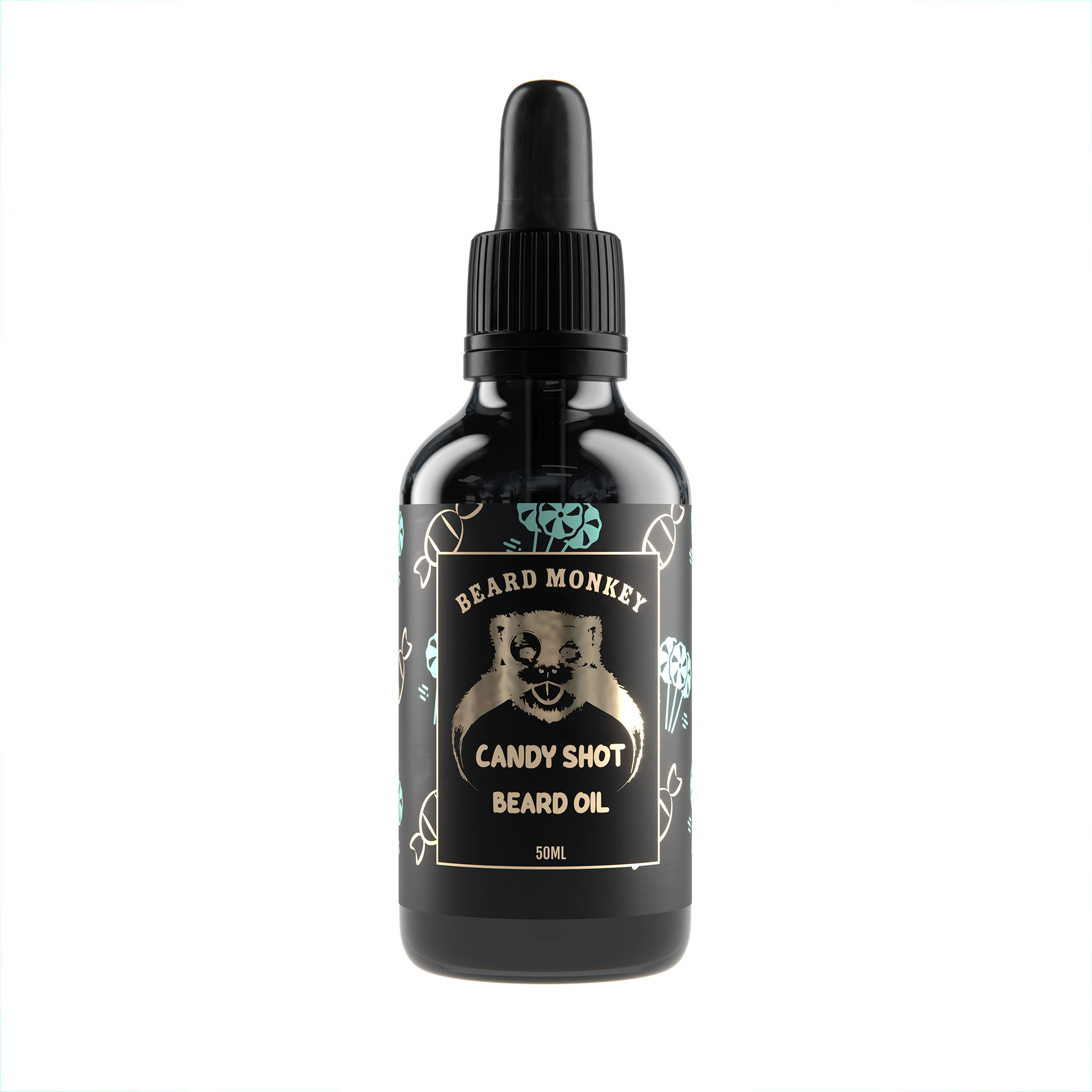 Beard Monkeys skäggolja I doften Candy Shot. En svart pipettflaska om 50ml med en etikett med mörk bakgrund med dekorativa blå och guldiga klubbor och karameller i mönster och guldig text.