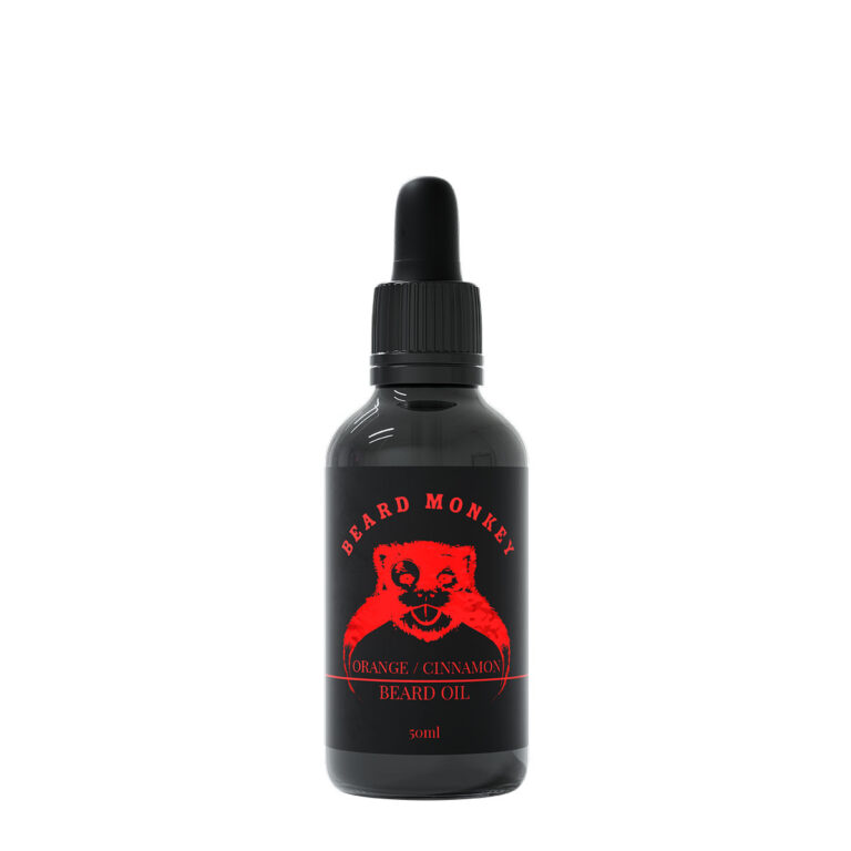 Beard Monkeys Beard Oil I doften Orange/Cinnamon. En svart pipettflaska om 50ml med svart etikett som har röda detaljer.