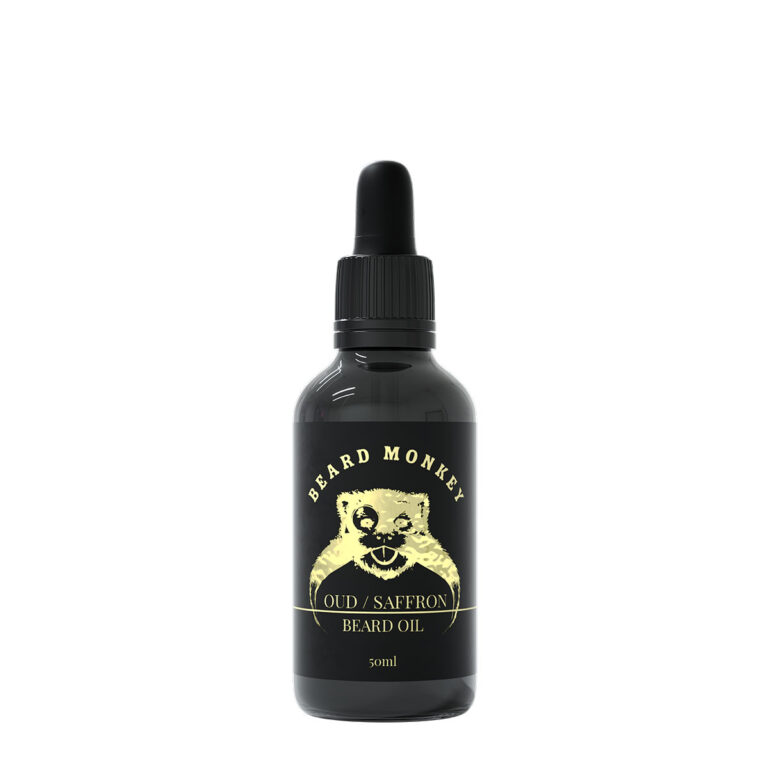 Beard Monkeys Beard Oil I doften Oud/Saffron. En svart pipettflaska om 50ml med svart etikett som har guldiga detaljer.