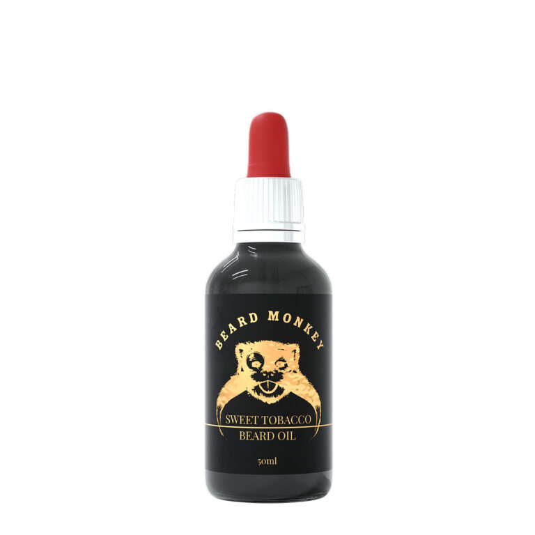 Beard Monkeys Beard Oil I doften Sweet Tobacco. En svart pipettflaska om 50ml med vit/röd pipett svart etikett som har guldiga detaljer.