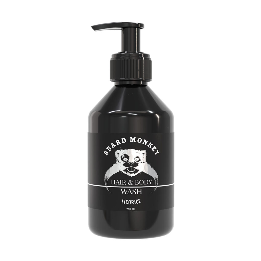 Beard Monkey Hair & Body Wash Licorice i en stilren svart plastflaska med pumpfunktion, innehållande 250 ml vårdande duschgel för både hår och kropp. Etiketten har silvriga detaljer med Beard Monkeys karaktäristiska logotyp. Denna 2-i-1-produkt kombinerar uppfriskande lakrits och citron och passar perfekt för daglig rengöring och återfuktning av hud och hår.