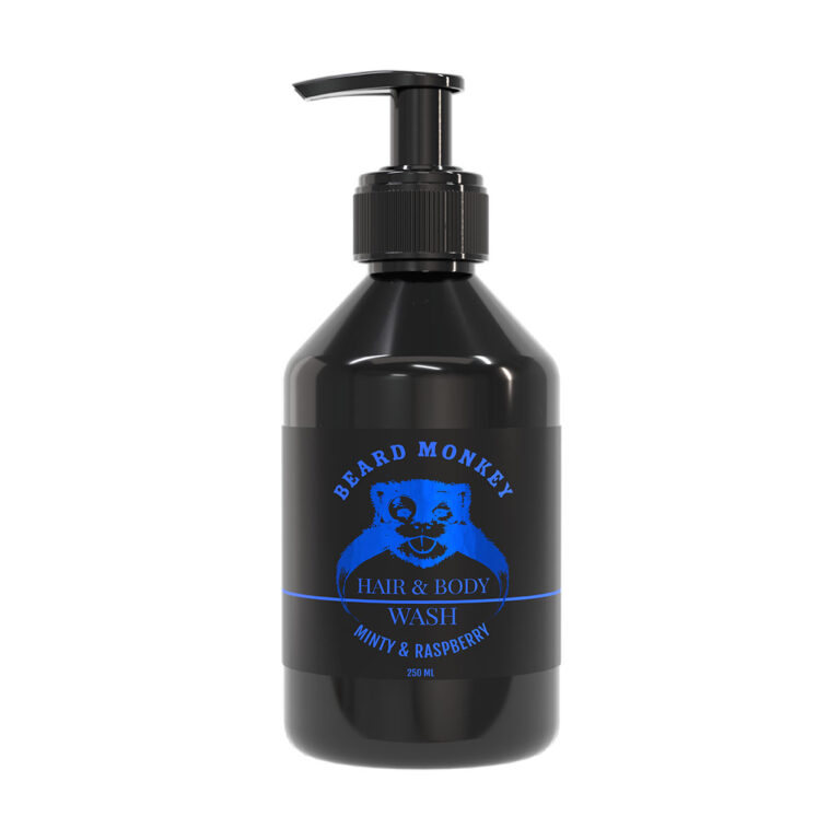 Beard Monkey Hair & Body Wash Minty/Raspberry i en stilren svart plastflaska med pumpfunktion, innehållande 250 ml vårdande duschgel för både hår och kropp. Etiketten har blå detaljer med Beard Monkeys karaktäristiska logotyp. Denna 2-i-1-produkt kombinerar uppfriskande mint med hallon och passar perfekt för daglig rengöring och återfuktning av hud och hår.