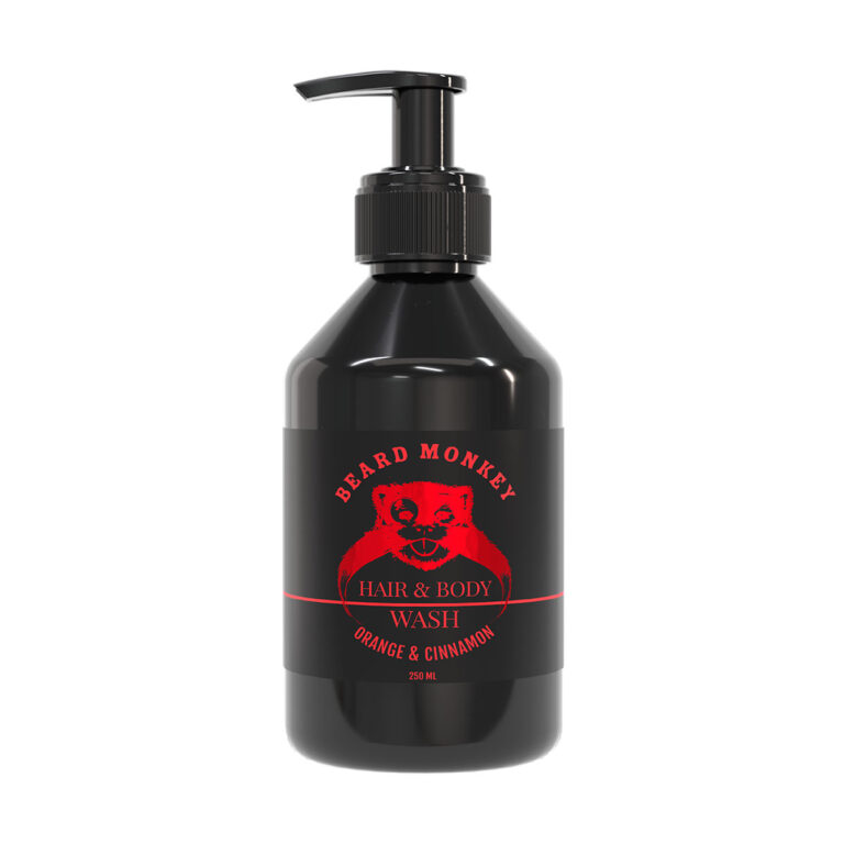 Beard Monkey Hair & Body Wash Orange/Cinnamon i en stilren svart plastflaska med pumpfunktion, innehållande 250 ml vårdande duschgel för både hår och kropp. Etiketten har röda detaljer med Beard Monkeys karaktäristiska logotyp. Denna 2-i-1-produkt kombinerar fruktig apelsin med kryddig kanel och passar perfekt för daglig rengöring och återfuktning av hud och hår.