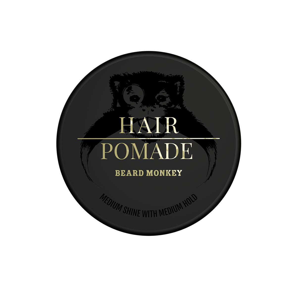 Svart Beard Monkey Hair Pomade burk med glansig svart logga och guldiga detaljer. Hårvax med medium stadga och glansig finish för alla hårlängder.