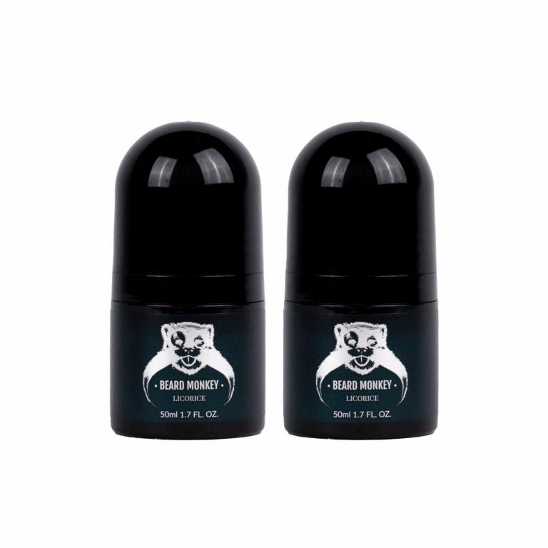 Två svart cylindriska deodoranter med silvriga detaljer märkt "Beard Monkey Licorice" och med apa som logotyp.