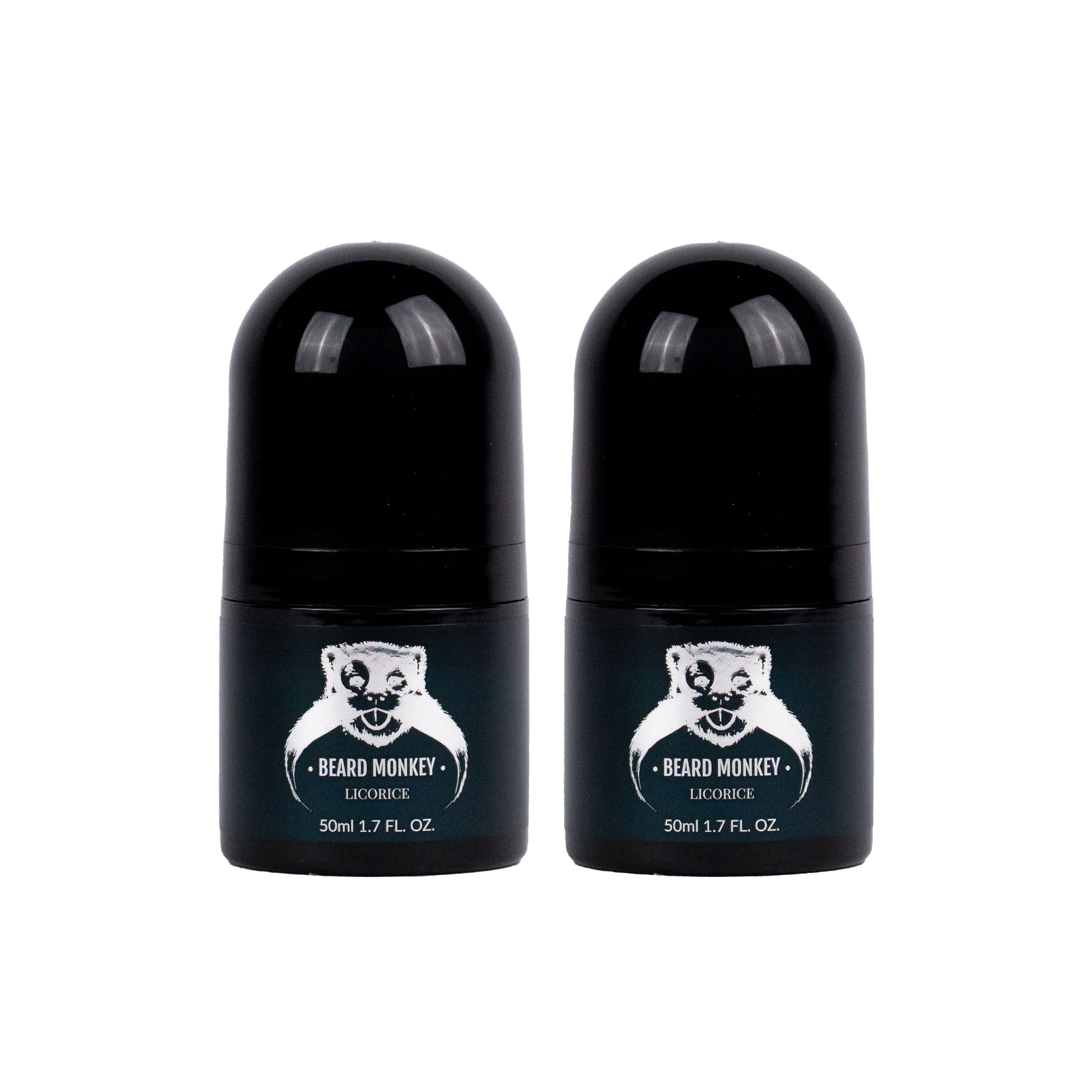 Två svart cylindriska deodoranter med silvriga detaljer märkt "Beard Monkey Licorice" och med apa som logotyp.