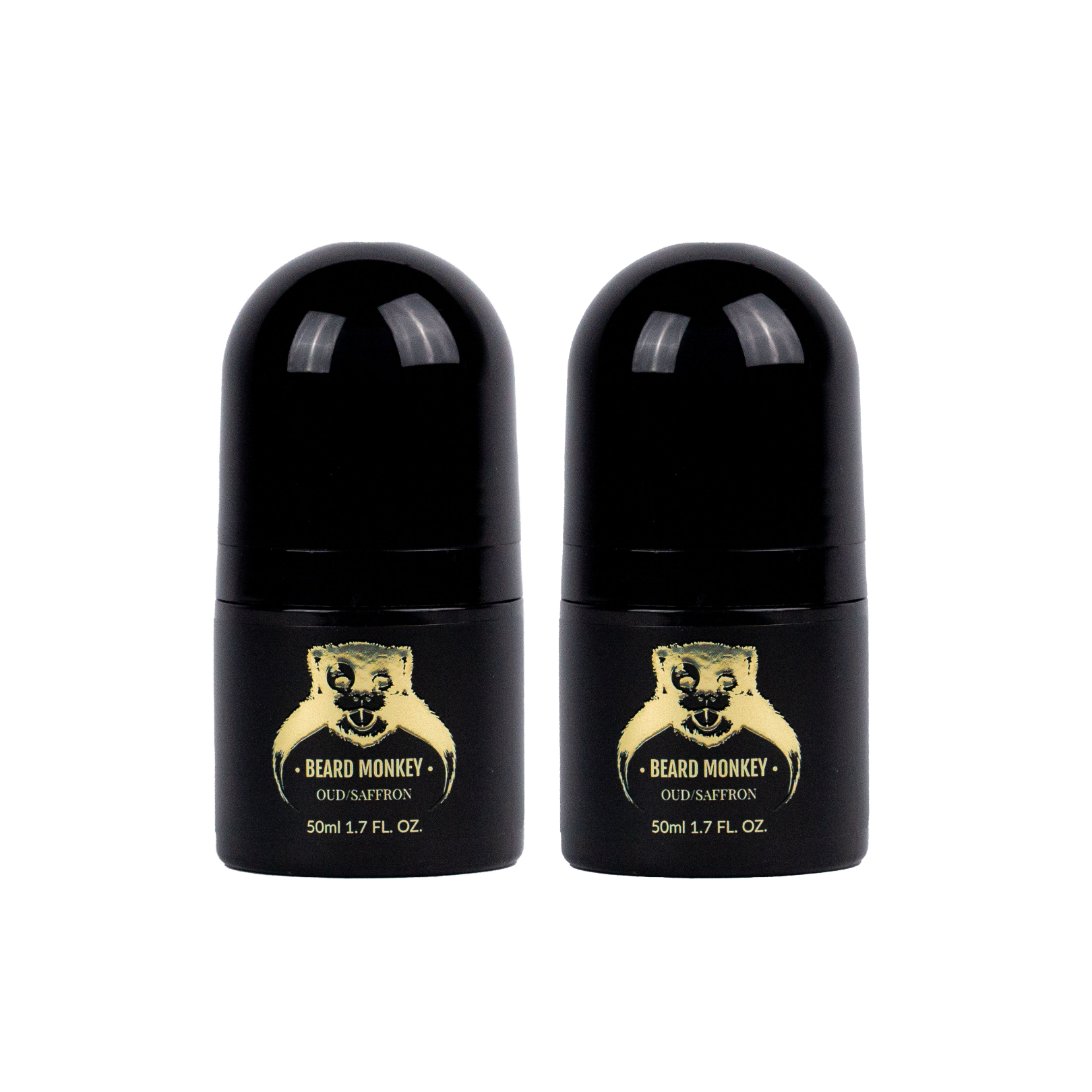 Två svarta cylindriska deodoranter med guldiga detaljer märkta "Beard Monkey Oud/Saffron" och med apa som logotyp.