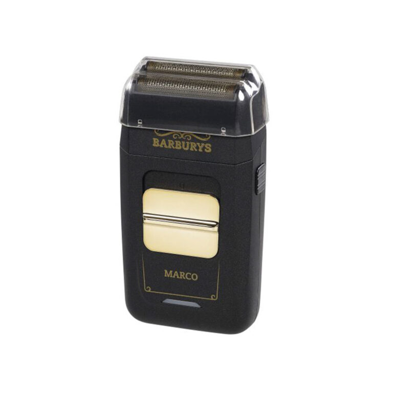 Svart elektrisk rakapparat från Barburys i modellen Marco med mattsvart yta, guldfärgade detaljer och synligt dubbelfolieskär. Rakapparaten har transparent skydd över skärhuvudet samt diskreta sidoknappar.