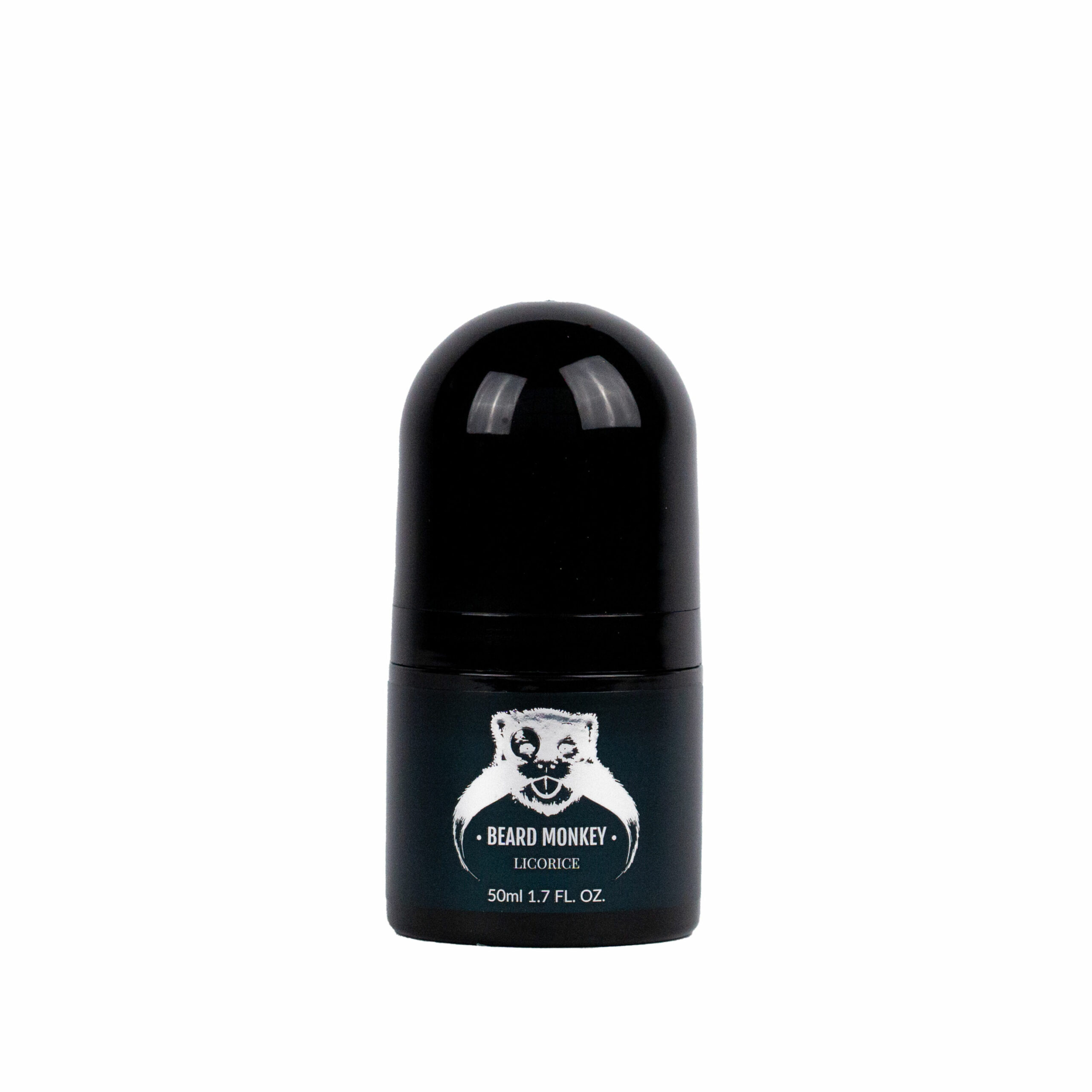 En svart cylindrisk deodorant med silvriga detaljer märkt "Beard Monkey Licorice" med en apa som logotyp.