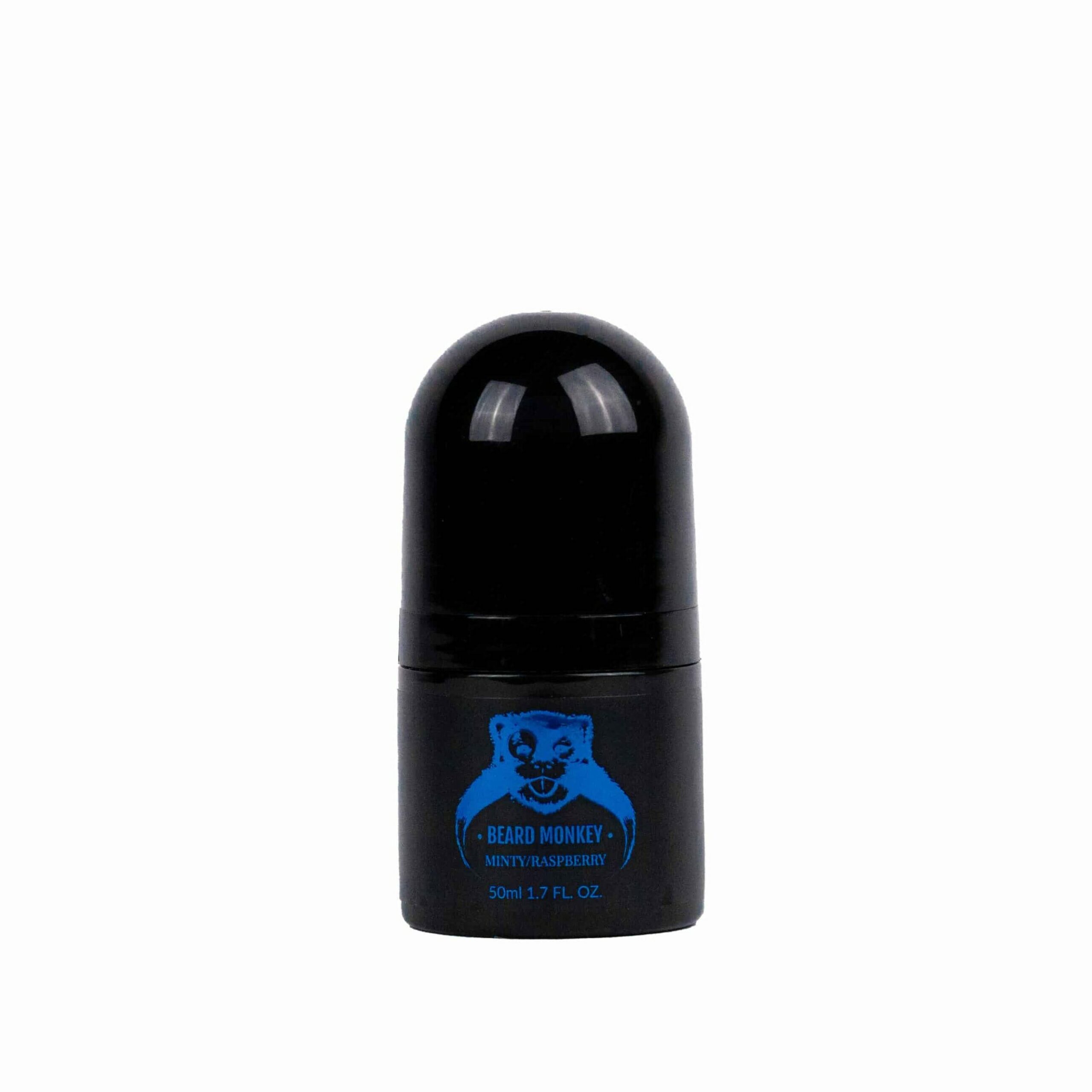En svart cylindrisk deodorant med blå detaljer märkt "Beard Monkey Minty/Raspberry" med en apa som logotyp.