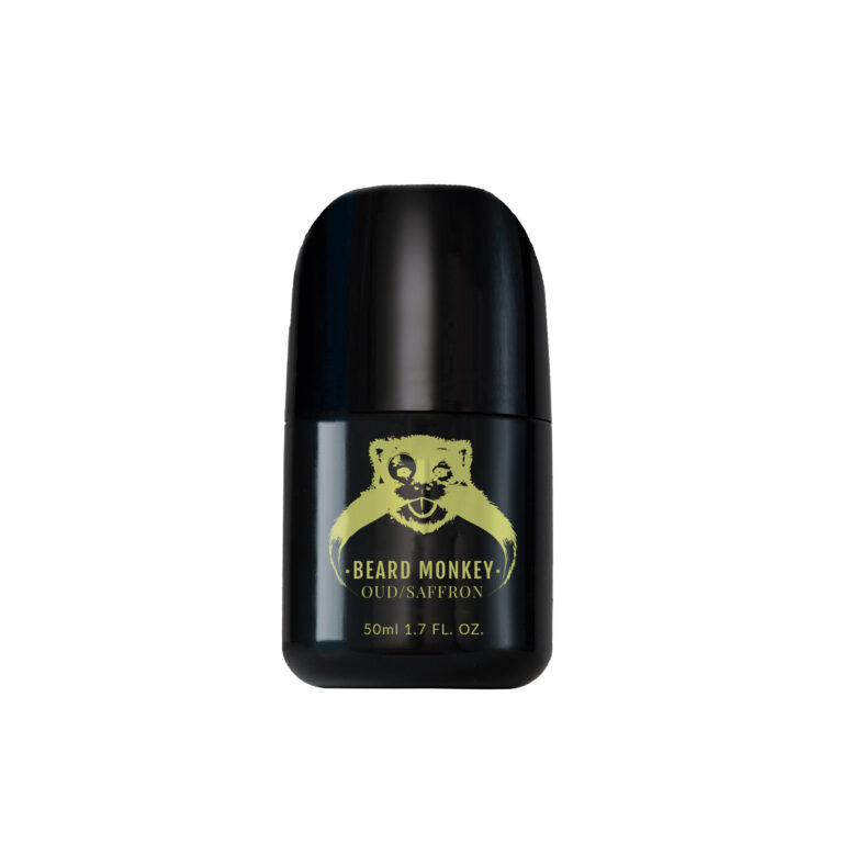 Beard Monkey Antiperspirant Oud/saffron i svart roll-on-förpackning med guldfärgade detaljer.