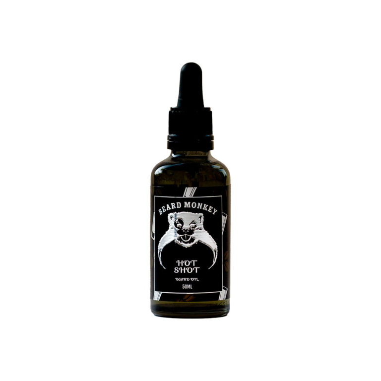 Beard Monkeys Beard Oil I doften Hot Shot. En svart pipettflaska om 50ml med mörk etikett dekorerad med tecknade kaffebönor och vit text.