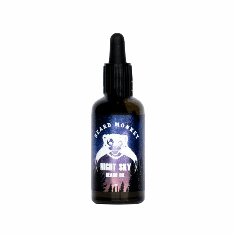 Beard Monkeys Beard Oil I doften Night Sky. En svart pipettflaska om 50ml med en etikett med bakgrund av natthimmel och vit text.