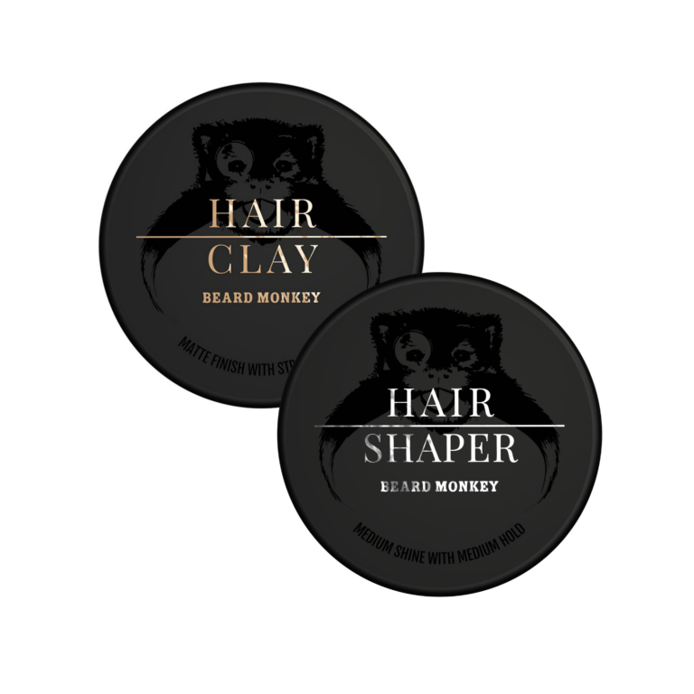 Beard Monkey Hair Clay och Hair Shaper hårvax i svarta, runda förpackningar.