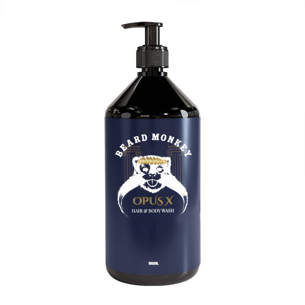 Svart pumpflaska Beard Monkey Hair & Body Wash OPUS X 1000 ml med vit text och guldiga detaljer